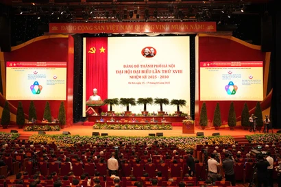 Đại hội đại biểu Đảng bộ thành phố Hà Nội lần thứ XVIII, nhiệm kỳ 2025-2030. (Ảnh: PV/Vietnam+)