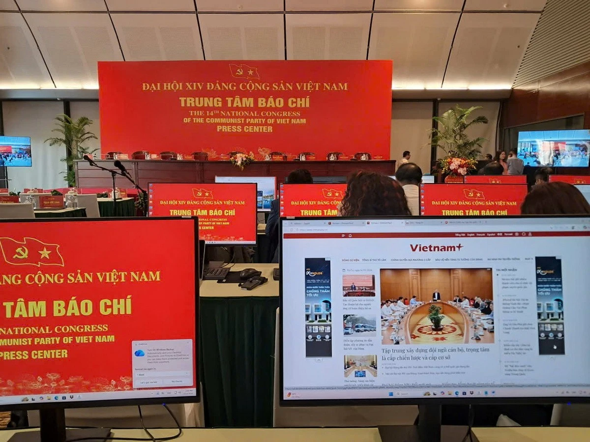 Trung tâm Báo chí và Họp báo quốc tế về Đại hội đại biểu toàn quốc lần thứ XIV của Đảng. (Ảnh: Hùng Võ/Vietnam+)