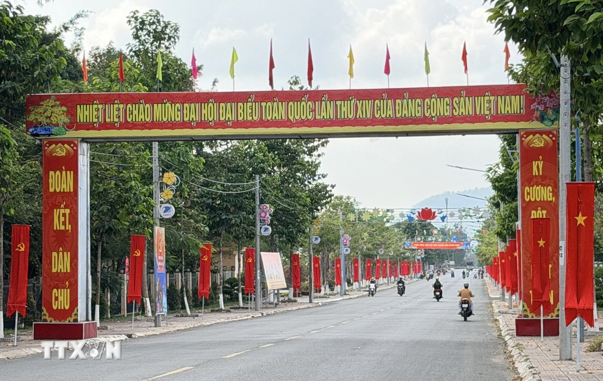 Tuyến đường trung tâm phường biên giới Tịnh Biên (An Giang) trang hoàng rực rỡ cờ, hoa. (Ảnh: Thanh Sang/TTXVN)