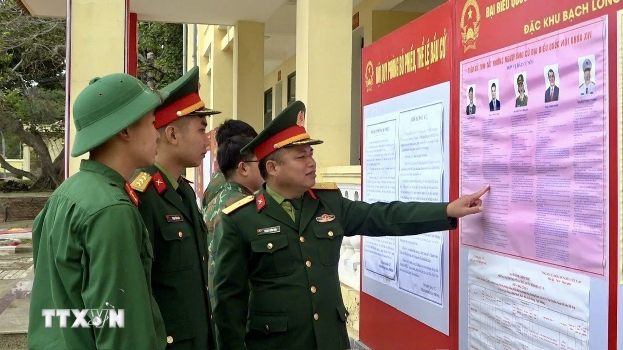 Cán bộ, chiến sỹ Tiểu đoàn phòng thủ đảo Bạch Long Vĩ đang xem tiểu sử tóm tắt những người ứng cử đại biểu Quốc hội khóa XVI. (Ảnh: TTXVN phát)