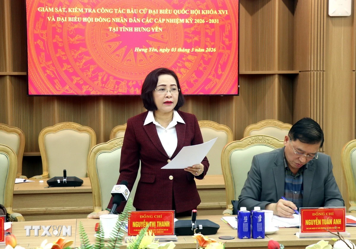 Phó Chủ tịch Quốc hội Nguyễn Thị Thanh phát biểu tại buổi giám sát, kiểm tra công tác bầu cử tại Hưng Yên. (Ảnh: Đinh Văn Nhiều/TTXVN)