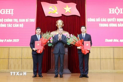 Ông Lê Minh Hưng, Ủy viên Bộ Chính trị, Bí thư Trung ương Đảng, Trưởng Ban Tổ chức Trung ương trao quyết định của Bộ Chính trị cho ông Nguyễn Hoài Anh (trái) và ông Nguyễn Hồng Phong (phải). (Ảnh: Việt Hoàng/TTXVN)