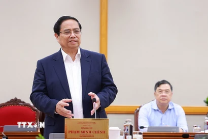 Thủ tướng Phạm Minh Chính làm việc với Ban Thường vụ Tỉnh ủy An Giang. (Ảnh: Dương Giang/TTXVN)