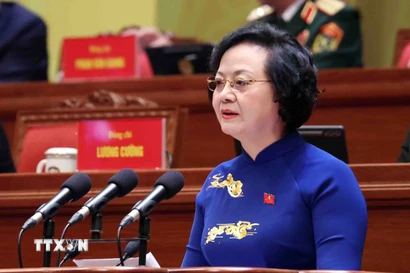 Đồng chí Phạm Thị Thanh Trà, Ủy viên Trung ương Đảng, Ủy viên Ban Thường vụ Đảng ủy Chính phủ, Phó Thủ tướng Chính phủ, tham luận về vấn đề: Xây dựng Chính phủ “Kiến tạo phát triển, liêm chính, hành động quyết liệt, phục vụ Nhân dân." (Ảnh: TTXVN)