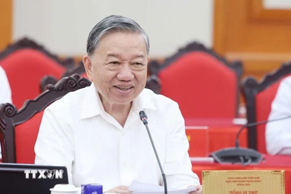 Tổng Bí thư Tô Lâm phát biểu tại cuộc làm việc của Bộ Chính trị với Ban Thường vụ Đảng ủy Mặt trận Tổ quốc, các đoàn thể Trung ương. (Ảnh: Thống Nhất/TTXVN)