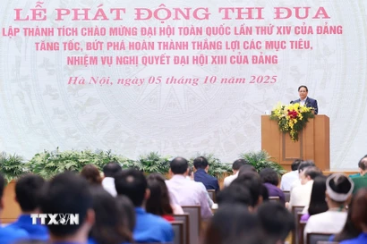 Ngày 5/10/2025, Thủ tướng Phạm Minh Chính phát động thi đua chào mừng Đại hội XIV của Đảng. (Ảnh: Dương Giang/TTXVN)