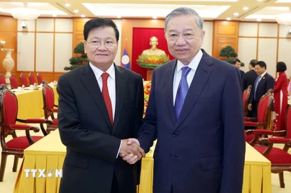 Tổng Bí thư Tô Lâm hội kiến Tổng Bí thư, Chủ tịch nước Lào Thongloun Sisoulith ngày 2/9/2025. (Ảnh: Thống Nhất/TTXVN)