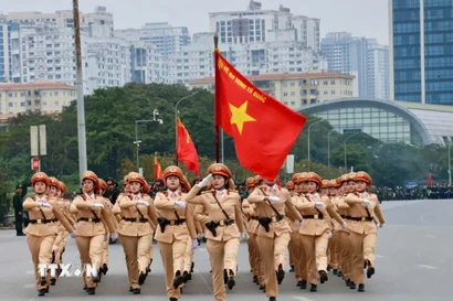 Cán bộ, chiến sỹ Cảnh sát giao thông Hà Nội tham gia các khối diễu hành, phục vụ Lễ xuất quân và diễn tập phương án bảo vệ Đại hội XIV của Đảng. (Ảnh: TTXVN phát)