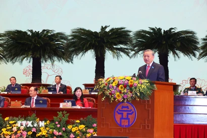 Tổng Bí thư Tô Lâm phát biểu chỉ đạo Đại hội đại biểu Đảng bộ thành phố Hà Nội lần thứ 18. (Ảnh: Văn Điệp/TTXVN)