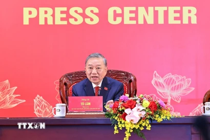 Tổng Bí thư Tô Lâm chủ trì họp báo công bố kết quả Đại hội XIV của Đảng. (Ảnh: TTXVN)