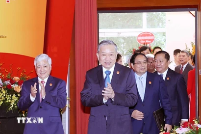 Tổng Bí thư Tô Lâm, Thủ tướng Phạm Minh Chính dự Đại hội Đại biểu Đảng bộ Mặt trận Tổ quốc Việt Nam và các đoàn thể Trung ương lần thứ nhất. (Ảnh: Thống Nhất/TTXVN)