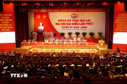 Lễ bế mạc Đại hội đại biểu Đảng bộ tỉnh Gia Lai lần thứ nhất, nhiệm kỳ 2025-2030. (Ảnh: Đình Quân/TTXVN)