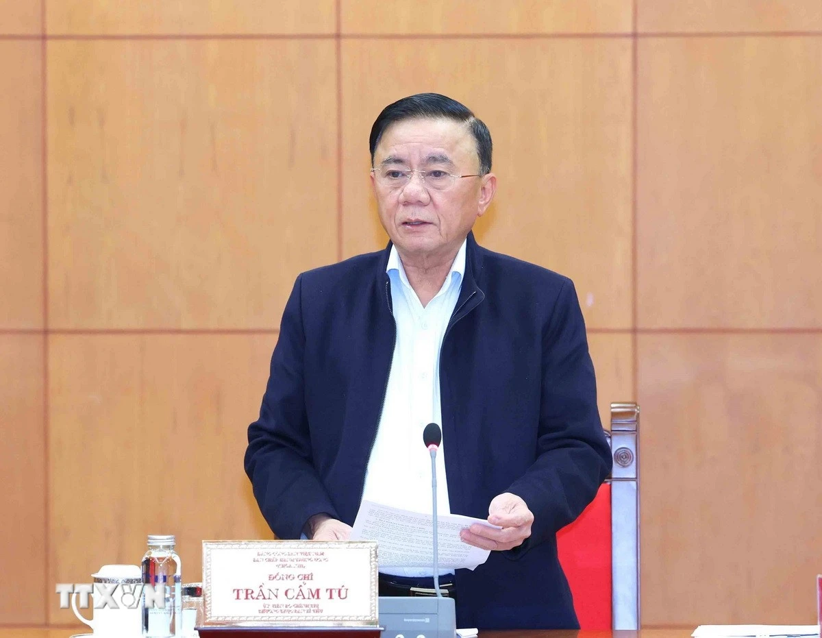 Đồng chí Trần Cẩm Tú, Ủy viên Bộ Chính trị, Thường trực Ban Bí thư, Trưởng Tiểu ban Tổ chức phục vụ Đại hội XIV phát biểu. (Ảnh: Phương Hoa/TTXVN)