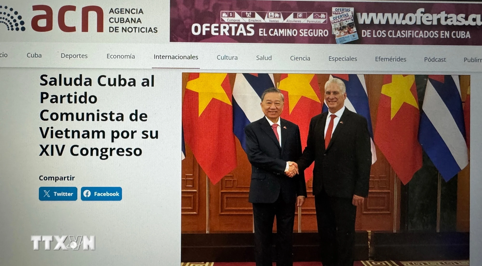 Hãng thông tấn Cuba, ACN, đưa tin về Đại hội XIV của Đảng Cộng sản Việt Nam. (Ảnh chụp màn hình: Việt Hùng/TTXVN)