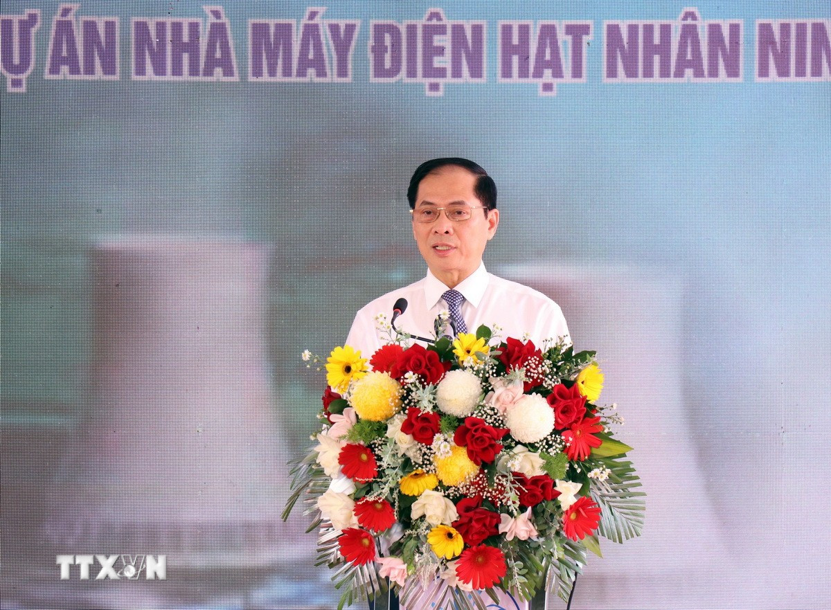 Phó Thủ tướng Chính phủ Bùi Thanh Sơn phát biểu tại lễ khởi động Dự án di dân tái định cư Nhà máy điện hạt nhân Ninh Thuận 1. (Ảnh: Công Thử/TTXVN)