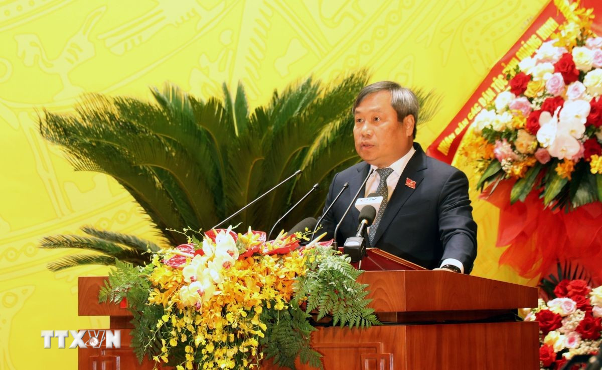 Ủy viên Trung ương Đảng, Bí thư Tỉnh ủy Quảng Ninh Vũ Đại Thắng phát biểu. (Ảnh: Văn Đức/TTXVN) ttxvn-khai-mac-dai-hoi-dai-bieu-dang-bo-tinh-quang-ninh-lan-thu-xvi-2609-3.jpg