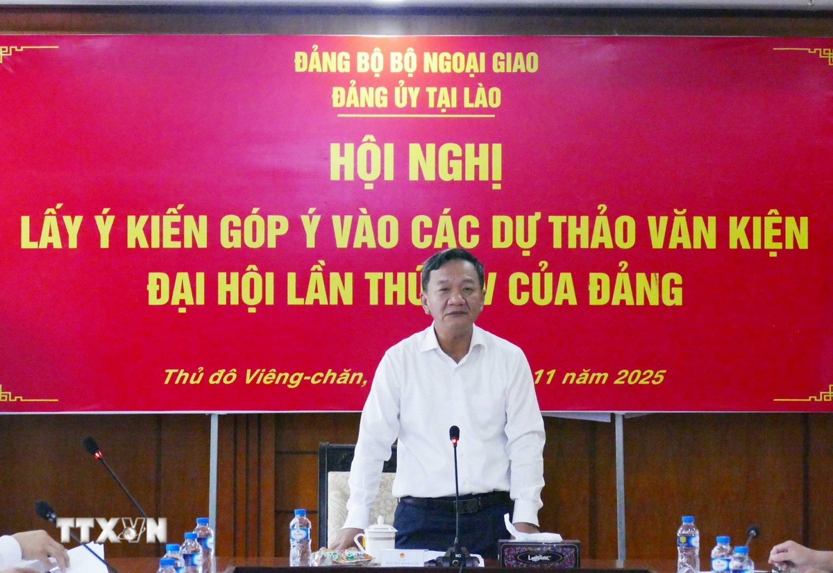 Bí thư Đảng ủy, Đại sứ Việt Nam tại Lào Nguyễn Minh Tâm phát biểu tại Hội nghị. (Ảnh: Xuân Tú/TTXVN)