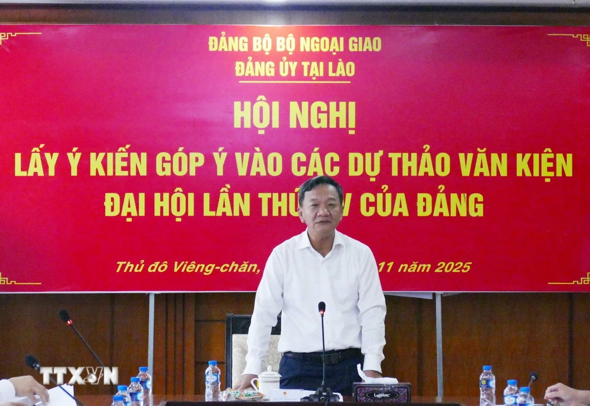 Bí thư Đảng ủy, Đại sứ Việt Nam tại Lào Nguyễn Minh Tâm phát biểu tại Hội nghị. (Ảnh: Xuân Tú/TTXVN)