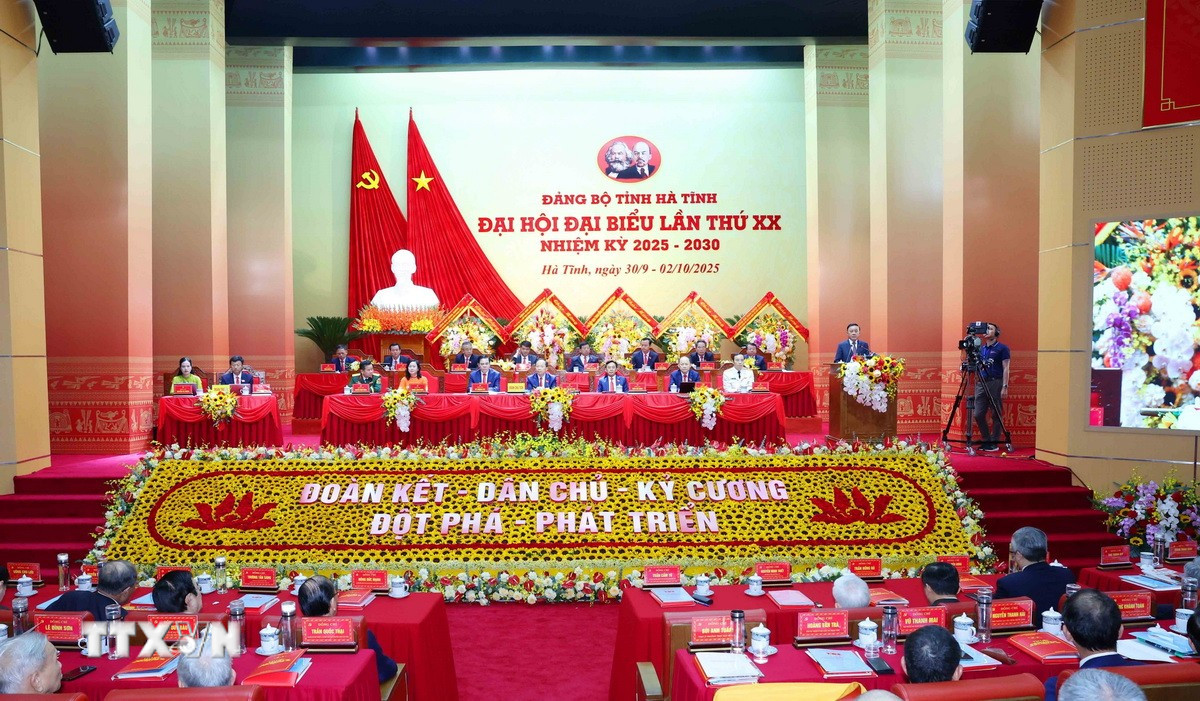 Đại hội đại biểu Đảng bộ tỉnh Hà Tĩnh lần thứ 20, nhiệm kỳ 2025-2030. (Ảnh: Phương Hoa/TTXVN)