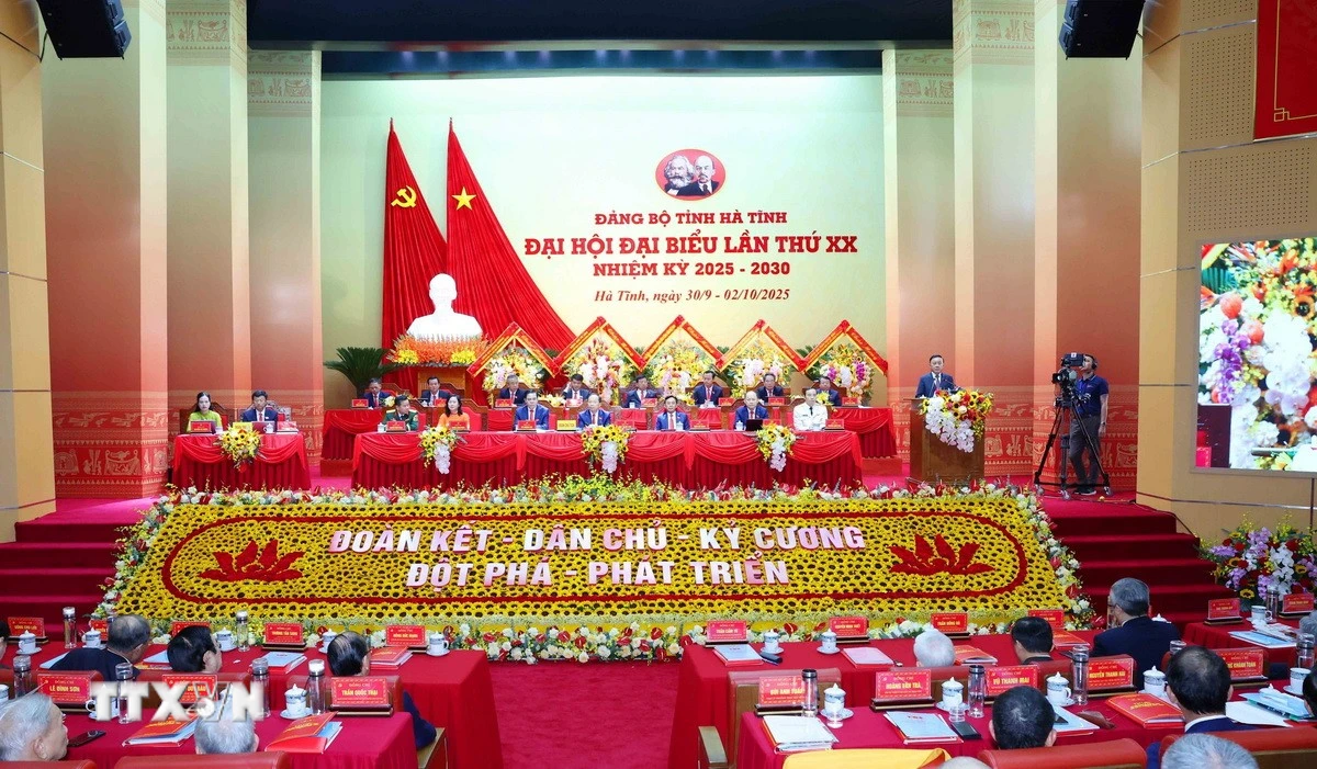 Đại hội đại biểu Đảng bộ tỉnh Hà Tĩnh lần thứ 20, nhiệm kỳ 2025-2030. (Ảnh: Phương Hoa/TTXVN)