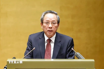 Đồng chí Hoàng Đăng Quang, Ủy viên Trung ương Đảng, Phó Trưởng Ban thường trực Ban Tổ chức Trung ương trình bày Chỉ thị của Bộ Chính trị về lãnh đạo cuộc bầu cử đại biểu Quốc hội khóa XVI và đại biểu Hội đồng nhân dân các cấp nhiệm kỳ 2026-2031. (Ảnh: Doãn Tấn/TTXVN)