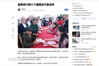 Trang mạng Đài truyền hình Trung ương Trung Quốc (CCTV) đưa tin ngày 15/3, cử tri trên khắp Việt Nam đã đi bỏ phiếu bầu đại biểu Quốc hội khóa XVI. (Ảnh: TTXVN phát)