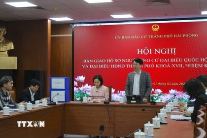 Phó Chủ tịch thường trực Ủy ban Mặt trận Tổ quốc Việt Nam thành phố Hải Phòng Nguyễn Đức Tuấn phát biểu tại hội nghị. (Ảnh: Mạnh Minh/TTXVN)