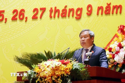 Bí thư Tỉnh ủy Quảng Ninh nhiệm kỳ 2025-2030 Vũ Đại Thắng phát biểu bế mạc Đại hội. (Ảnh: Văn Đức/TTXVN)