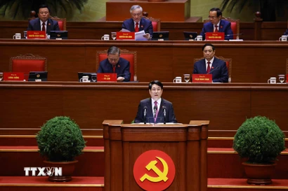 Đồng chí Lương Cường, Ủy viên Bộ Chính trị, Chủ tịch nước trình bày Diễn văn khai mạc Đại hội. (Ảnh: TTXVN)