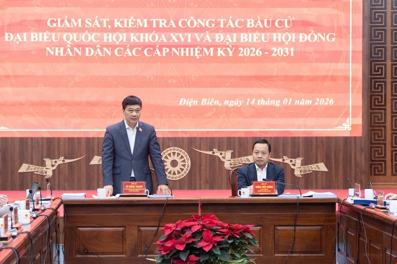 Phó Chủ tịch Quốc hội Vũ Hồng Thanh làm việc với tỉnh Điện Biên về tình hình triển khai công tác chuẩn bị bầu cử đại biểu Quốc hội khóa XVI và Hội đồng Nhân dân các cấp nhiệm kỳ 2026-2031. (Nguồn: Cổng Thông tin điện tử Quốc hội Việt Nam)