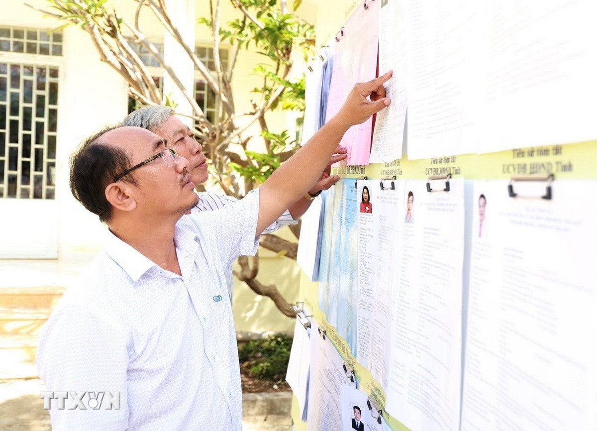 Cử tri phường Tây Nha Trang (tỉnh Khánh Hòa) nghiên cứu tiểu sử tóm tắt các ứng cử viên đại biểu Quốc hội và Hội đồng Nhân dân các cấp. (Ảnh: Xuân Triệu/TTXVN)