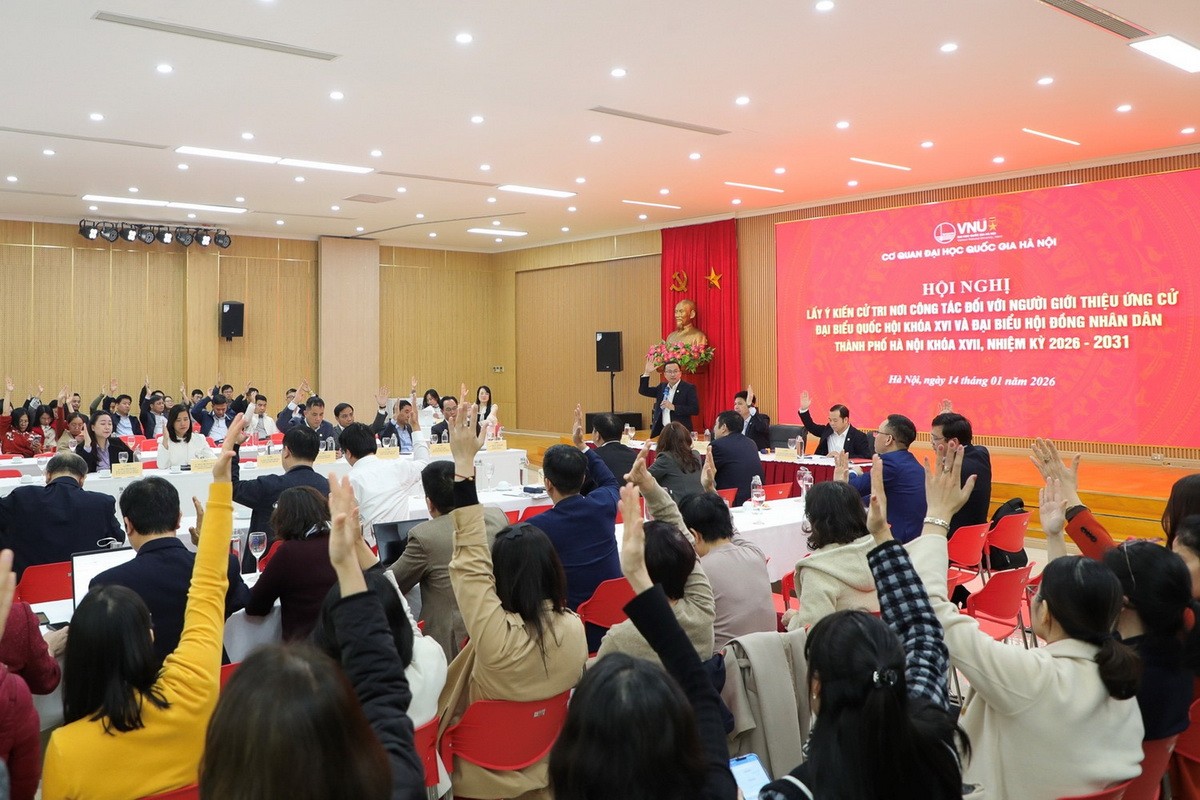 Hội nghị lấy ý kiến cử tri nơi công tác giới thiệu nhân sự từ Cơ quan Đại học Quốc gia Hà Nội ứng cử đại biểu Quốc hội khóa XVI. (Nguồn: (VNU)