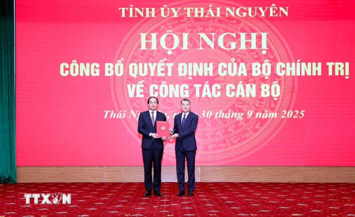 Ông Lê Minh Hưng, Ủy viên Bộ Chính trị, Bí thư Trung ương Đảng, Trưởng Ban Tổ chức Trung ương trao quyết định của Bộ Chính trị về việc điều động, phân công, chỉ định ông Trịnh Xuân Trường, Bí thư Tỉnh ủy Lào Cai, tham gia Ban Chấp hành, Ban Thường vụ, giữ chức Bí thư Tỉnh ủy Thái Nguyên nhiệm kỳ 2025-2030. (Ảnh: Thu Hằng/TTXVN)