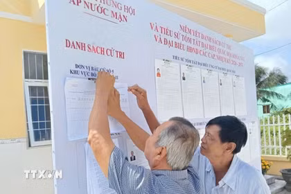 Cử tri tìm hiểu thông tin các ứng cử viên đại biểu Quốc hội cũng như Hội đồng Nhân dân các cấp nhiệm kỳ 2026-2031 tại nhà văn hóa ấp Nước Mặn, xã Hưng Hội. (Ảnh: TTXVN phát)