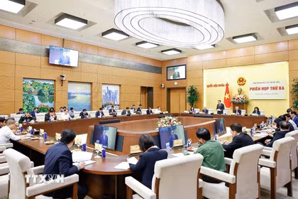 Hội đồng Bầu cử quốc gia tổ chức Phiên họp thứ ba, Ủy viên Bộ Chính trị, Chủ tịch Quốc hội Trần Thanh Mẫn, Chủ tịch Hội đồng Bầu cử quốc gia chủ trì phiên họp. (Ảnh: Doãn Tấn/TTXVN)