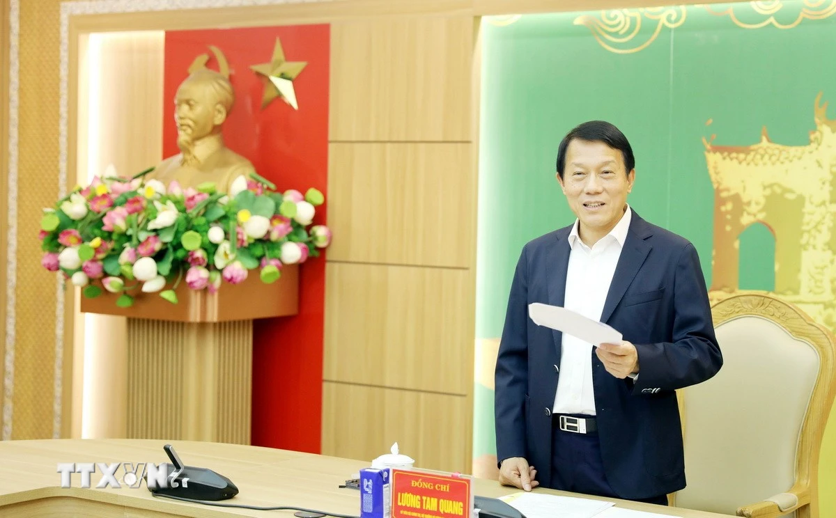 Đại tướng Lương Tam Quang, Ủy viên Bộ Chính trị, Bộ trưởng Bộ Công an, Trưởng Đoàn kiểm tra, giám sát phát biểu. (Ảnh: Thế Duyệt/TTXVN)