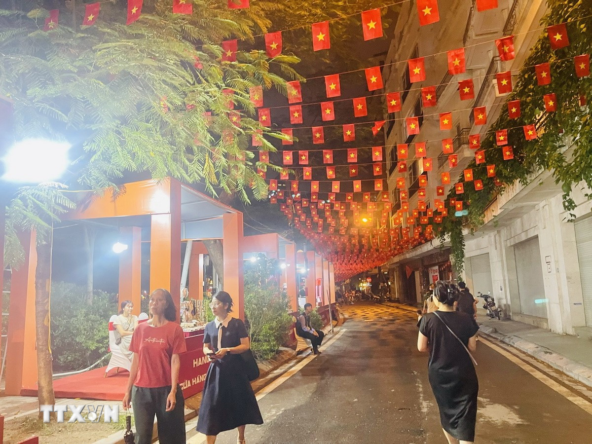 Những lá cờ Tổ quốc tung bay trên tuyến phố dài 800m (phường Ba Đình, Hà Nội) (Ảnh: Tuyết Mai/TTXVN)