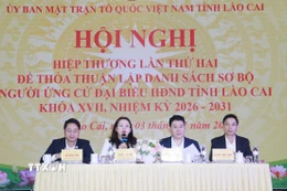 Ủy ban Mặt trận Tổ quốc Việt Nam tỉnh Lào Cai tổ chức Hội nghị Hiệp thương lần thứ 2 để thỏa thuận lập danh sách sơ bộ người ứng cử đại biểu Quốc hội khóa XVI và Hội đồng Nhân dân tỉnh Lào Cai khóa XVII, nhiệm kỳ 2026-2031. (Ảnh: TTXVN phát)