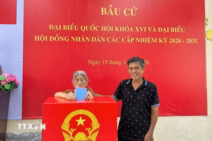 Cụ Vũ Thị Còm tự tay bỏ phiếu bầu đại biểu Quốc hội khóa XVI và HĐND các cấp. (Ảnh: TTXVN phát)