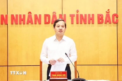 Chủ tịch Ủy ban Nhân dân tỉnh Bắc Ninh Phạm Hoàng Sơn phát biểu tại Hội nghị. (Ảnh: TTXVN phát)