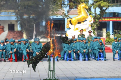 Chiến sỹ Bộ Chỉ huy Quân sự tỉnh Điện Biên thực hành nội dung huấn luyện vượt vòng lửa, hàng rào dây thép gai tại Lễ ra quân huấn luyện. (Ảnh: Xuân Tư/TTXVN)