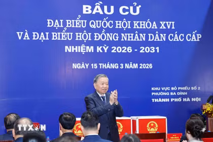 Tổng Bí thư Tô Lâm dự lễ khai mạc và bỏ phiếu bầu cử tại Khu vực bỏ phiếu số 02 phường Ba Đình, thành phố Hà Nội. (Ảnh: Thống Nhất/TTXVN)