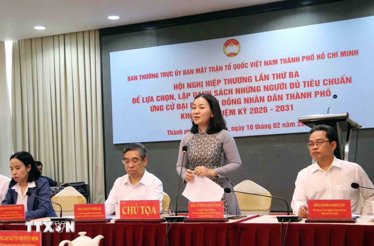 Hội nghị Hiệp thương lần thứ ba lựa chọn danh sách những người đủ tiêu chuẩn ứng cử đại biểu Hội đồng Nhân dân Thành phố khóa XI, nhiệm kỳ 2026-2031. (Ảnh: Xuân Khu/TTXVN)