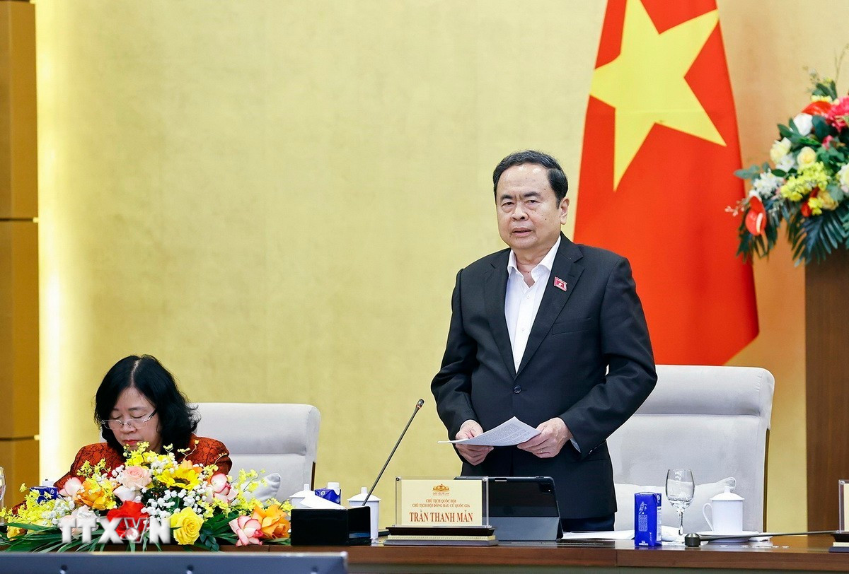 Chủ tịch Quốc hội Trần Thanh Mẫn, Chủ tịch Hội đồng bầu cử Quốc gia phát biểu. (Ảnh: Doãn Tấn/TTXVN)