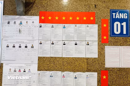 Niêm yết danh sách người ứng cử đại biểu Quốc hội khóa XVI ở đơn vị bầu cử số 3; đại biểu Hội đồng Nhân dân thành phố Hà Nội khóa XVII, đơn vị bầu cử số 9; người ứng cử đại biểu Hội đồng Nhân dân phường Định Công nhiệm kỳ 2026-2031. (Ảnh: Trí Đức/Vietnam+)