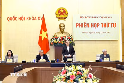 Chủ tịch Quốc hội Trần Thanh Mẫn, Chủ tịch Hội đồng Bầu cử Quốc gia phát biểu. (Ảnh: Doãn Tấn/TTXVN)