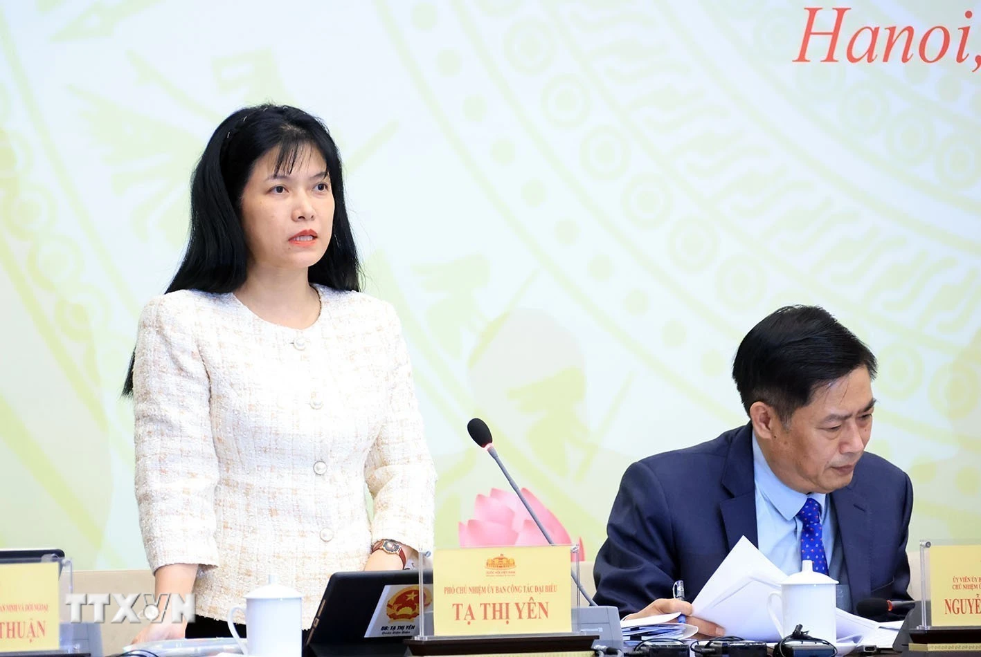 Phó Chủ nhiệm Ủy ban Công tác đại biểu Tạ Thị Yên trả lời câu hỏi của phóng viên các cơ quan thông tấn, báo chí. (Ảnh: Tuấn Anh/TTXVN)