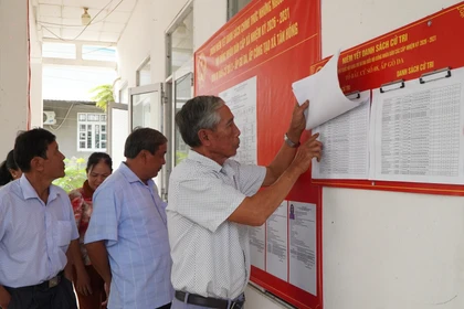 Người dân xem danh sách cử tri được niêm yết tại điểm bỏ phiếu. (Ảnh: Nhựt An/TTXVN)