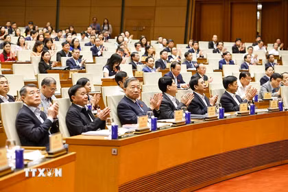 Tổng Bí thư Tô Lâm, Chủ tịch nước Lương Cường cùng các đồng chí lãnh đạo Đảng, Nhà nước và đại biểu dự hội nghị. (Ảnh: Doãn Tấn/TTXVN)