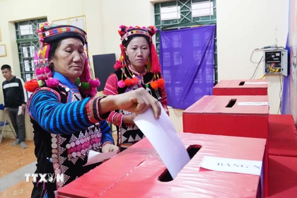 Đồng bào dân tộc Hà Nhì trong trang phục rực rỡ bỏ phiếu tại Tổ bầu cử số 1, xã Sín Thầu. (Ảnh: Trung Kiên/TTXVN)